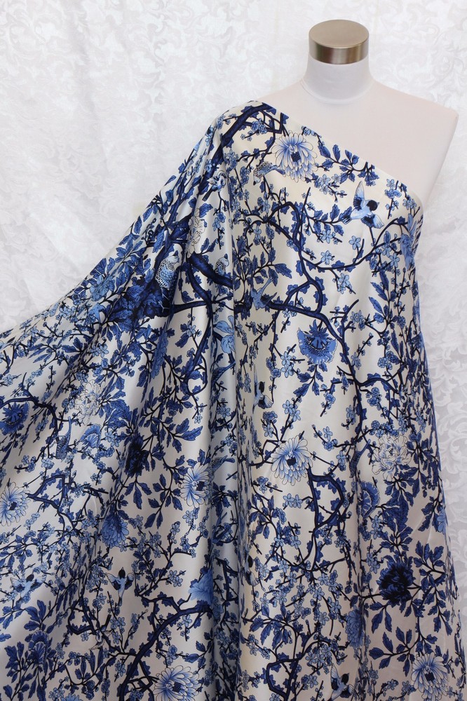 New 100% Charmeuse Silk Fabric Blue Tree M54 Per Yard