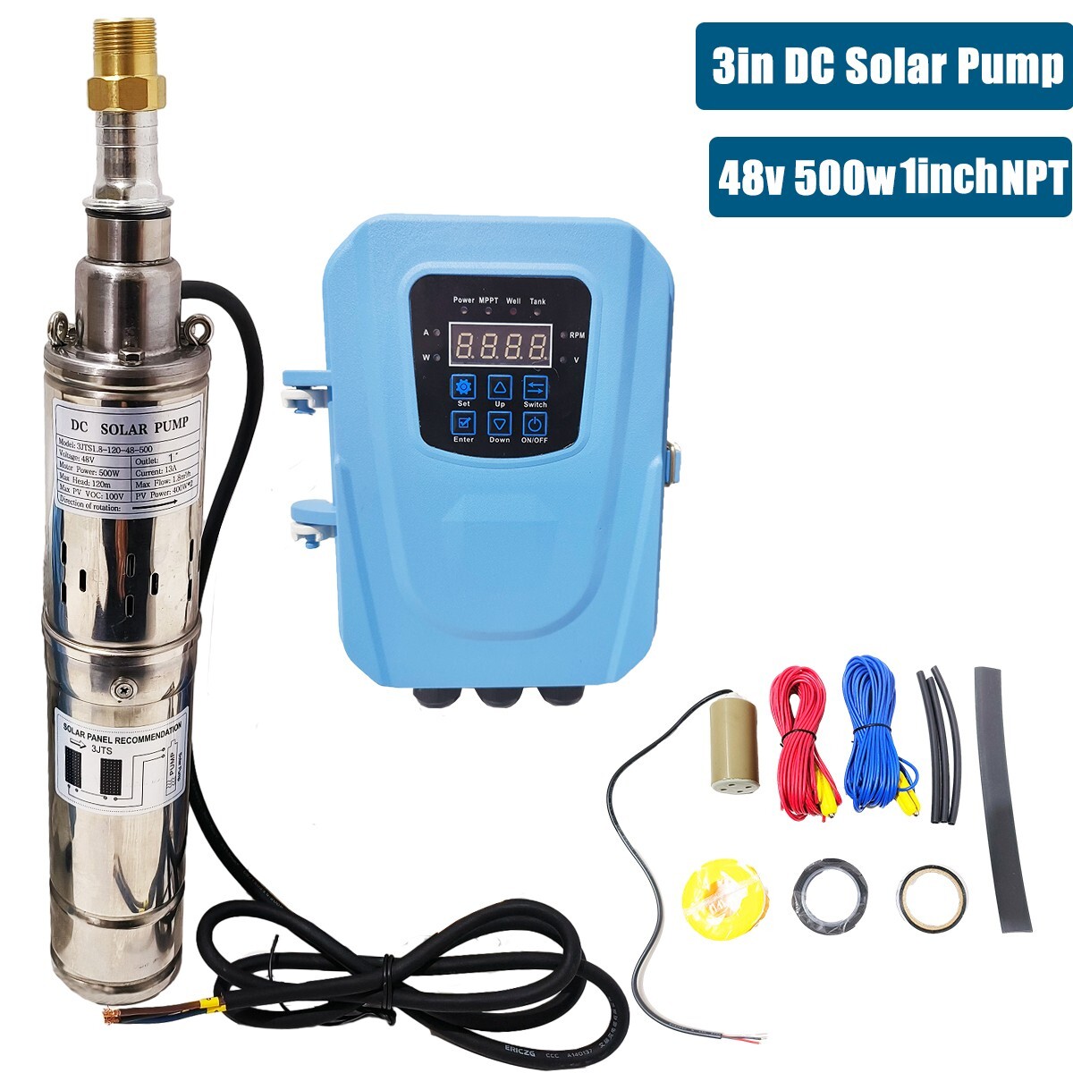 3" Solar Pump Submersible Pump Bore DC 48V 500W Deep Well Pump + MPPT Controller