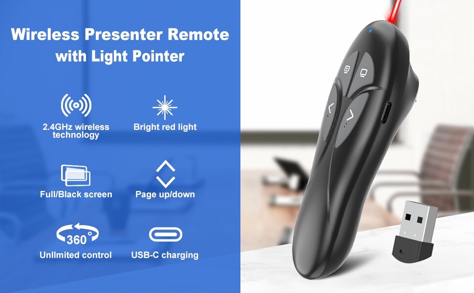 Presentation Clicker PowerPoint Wireless Presenter Remote: USB Type C Rechargeab
