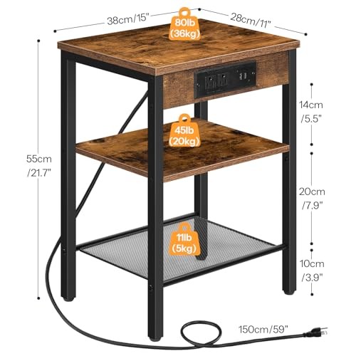 Side Table with Charging Station and USB Port, Small 1 Rustic Brown + Black