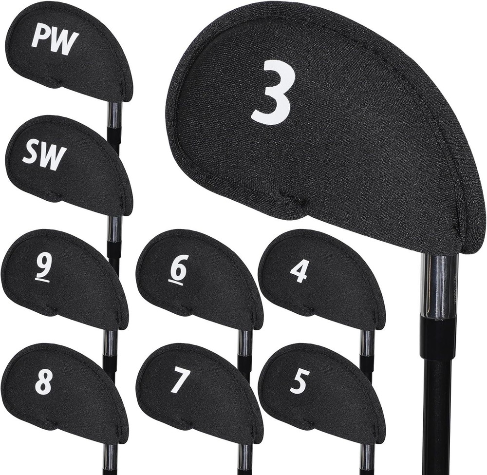 Durable Black Golf Club Head Covers for Irons - 9-Piece Set, Hook & Loop