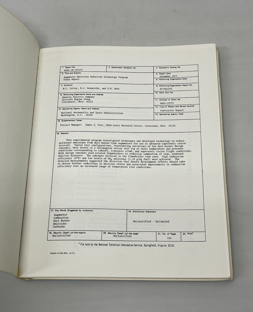 NASA CR-135215 Augmentor Emissions Reduction Technology Program November 1977