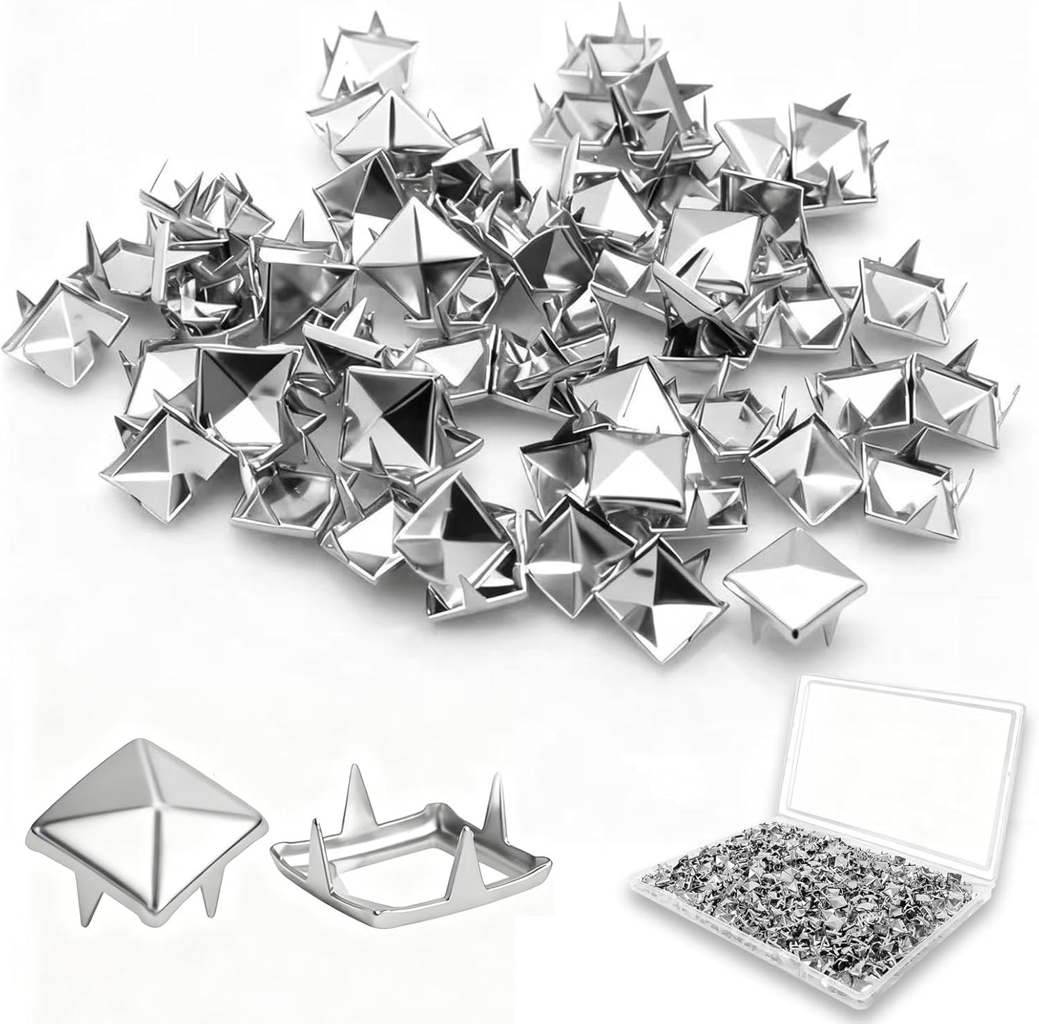 500PCS 10Mm 4-Prong Square Spikes, Silver Metal Pyramid Studs for Crafts, Punk S