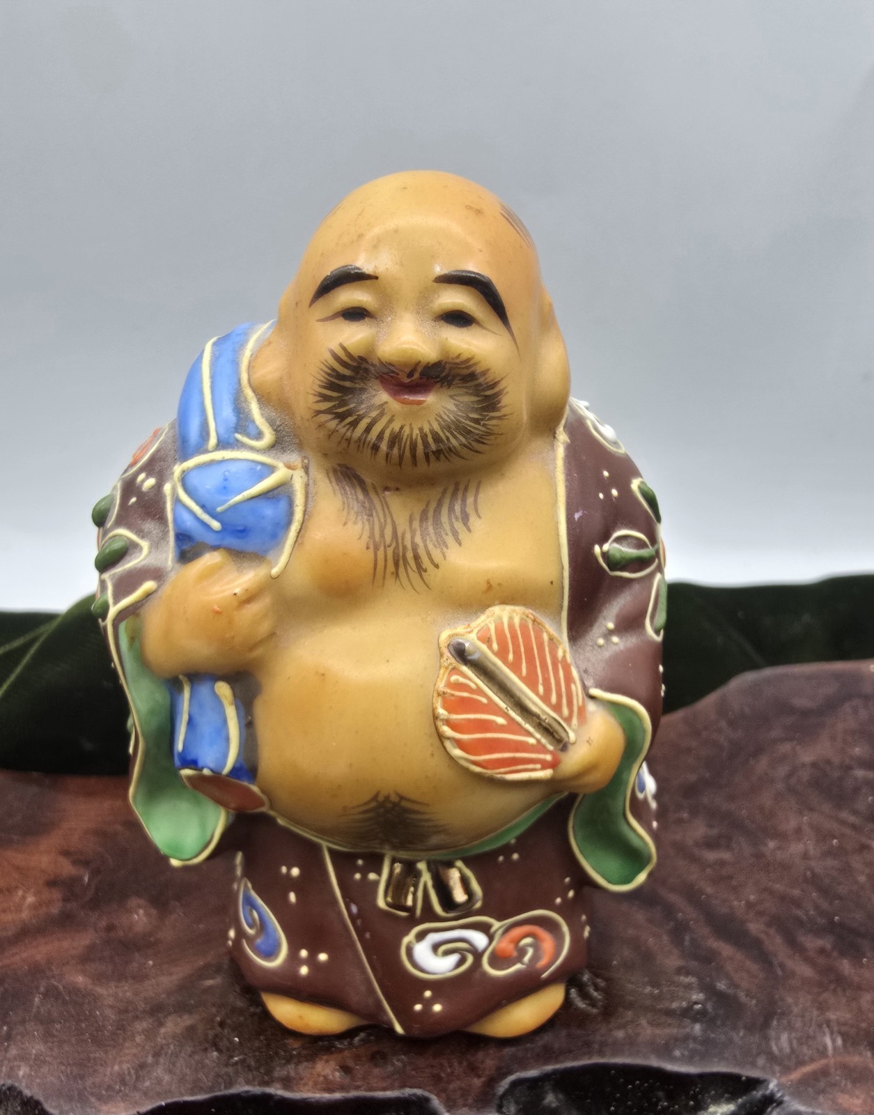 Vintage Kutani Moriage Japanese Hotei Laughing Buddah 3.5x2 Asian Figurine