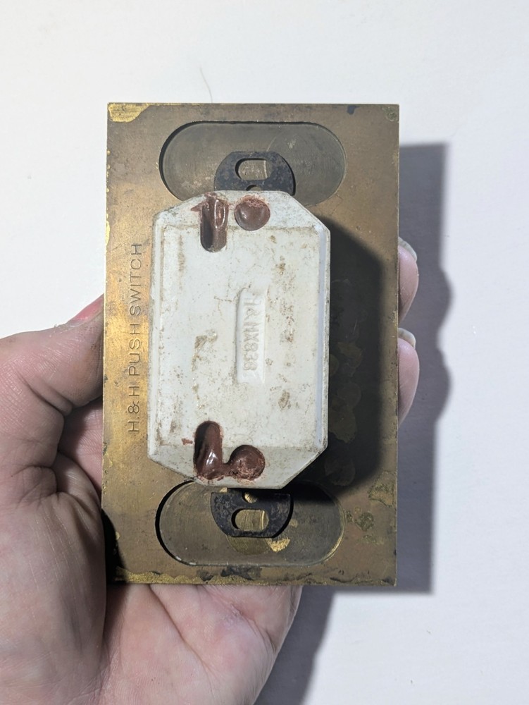 2 BRASS PUSH BUTTON SINGLE POLE LIGHT SWITCHES WITH PORCELAIN INSERTS