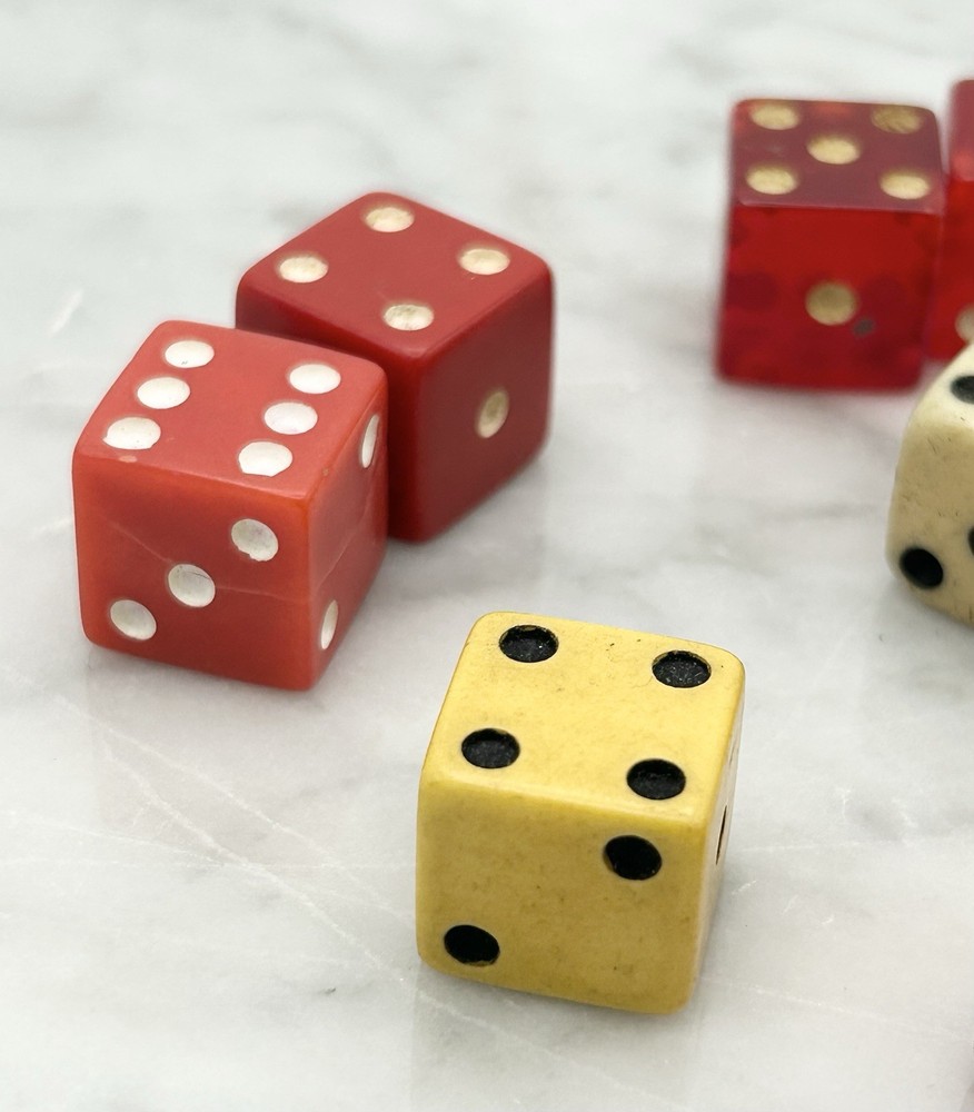 10 Vintage Dice Translucent Cherry Red Tan Bakelite Black White Pips Random Sets
