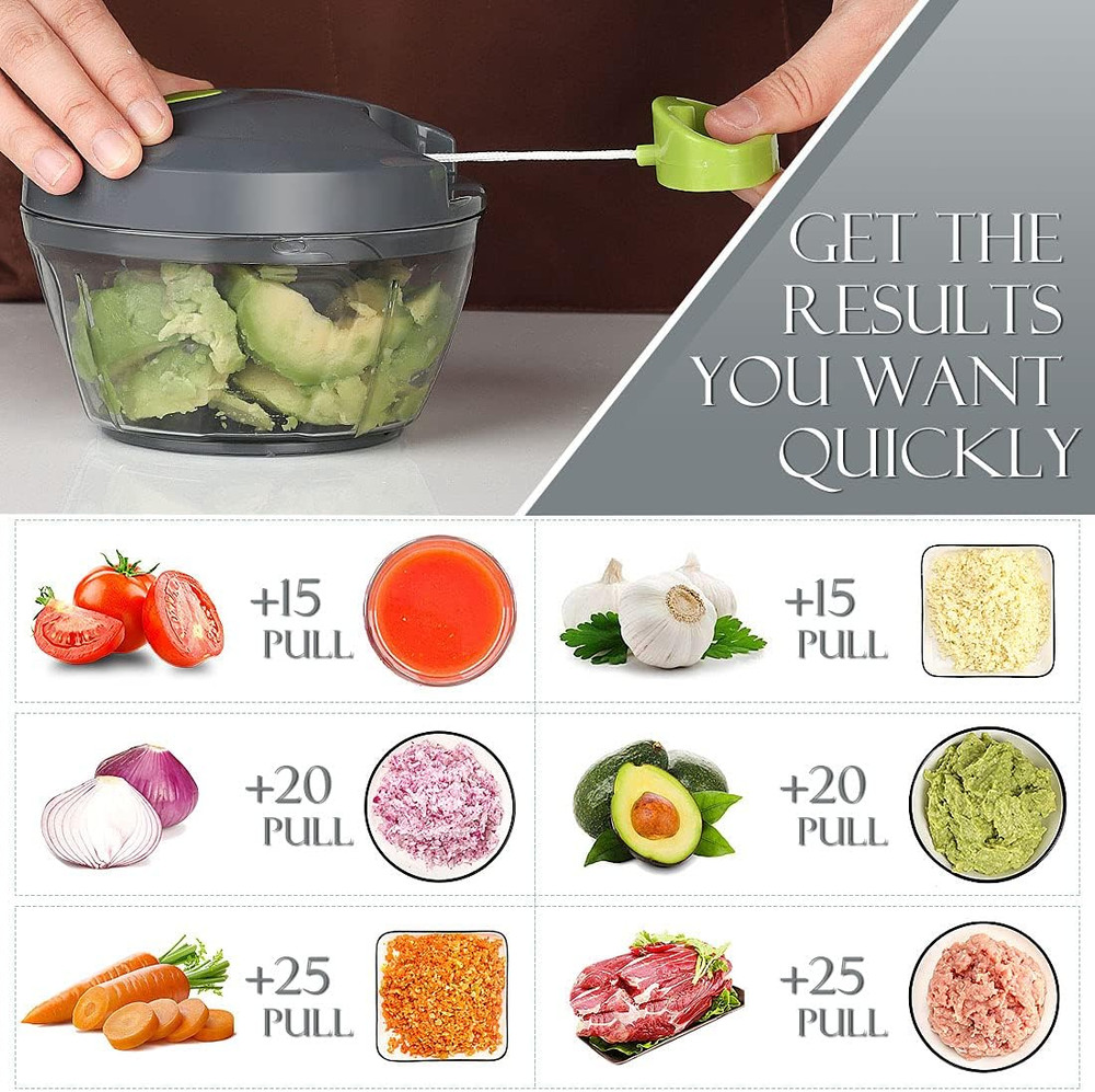 Manual Food Processor Vegetable Chopper, Portable Hand Pull, 500Ml, Grey