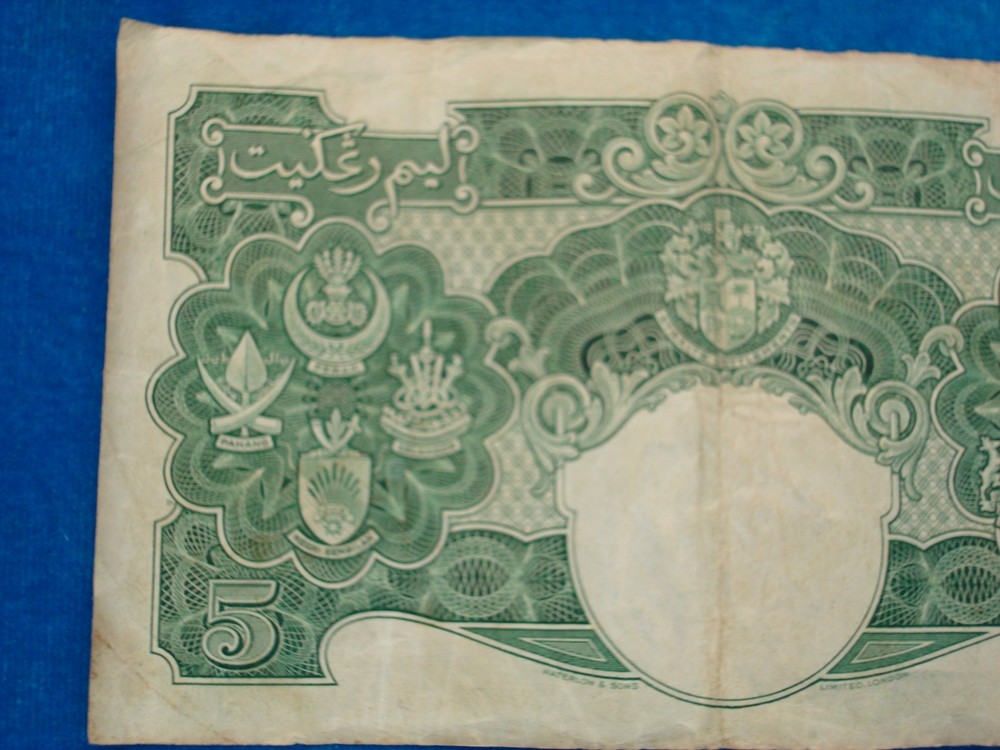 1941 MALAYA & STRAITS SETTLEMENTS FIVE DOLLARS - $5 BANK NOTE - SCARCE NOTE