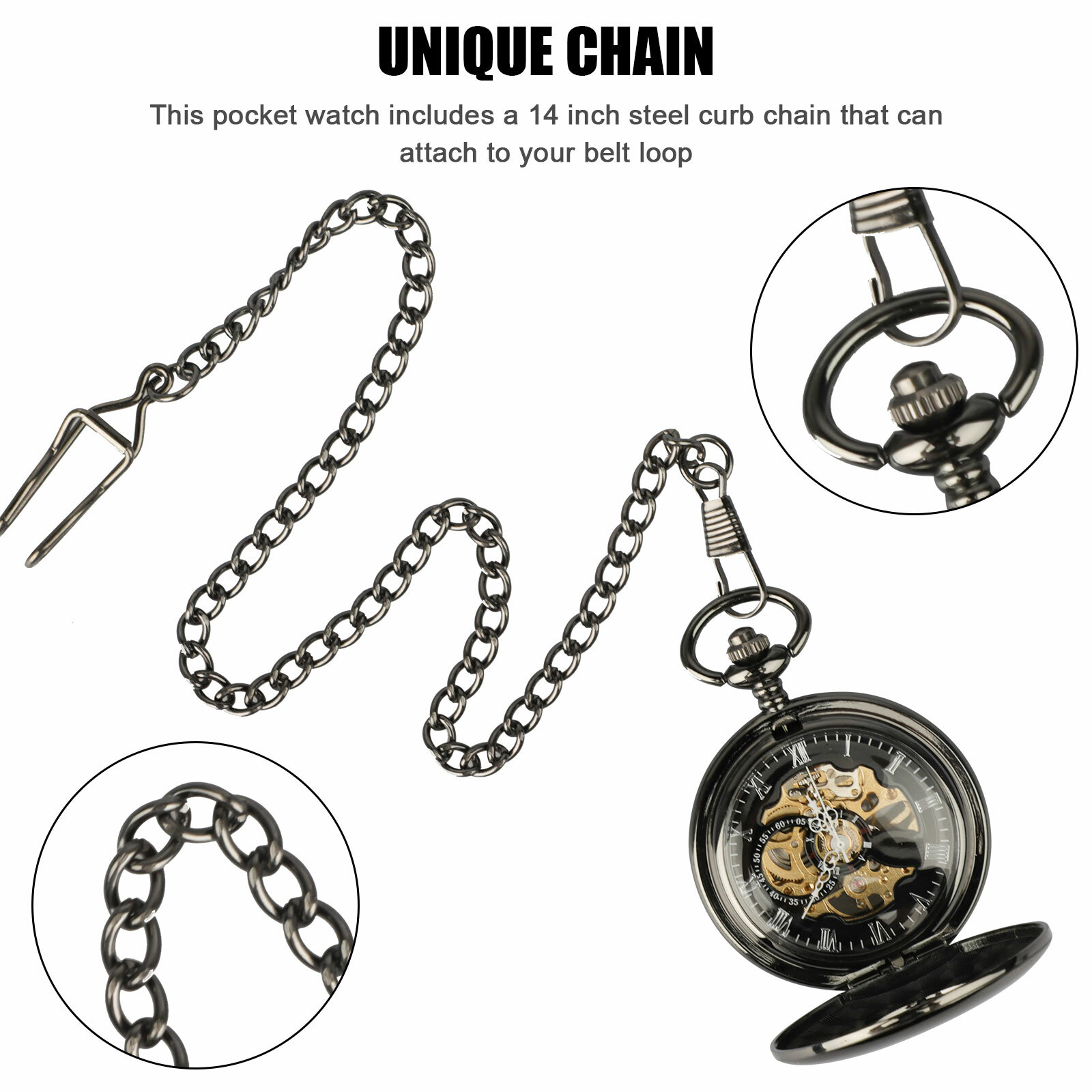 Mens Pocket Watch Mechanical Black Steampunk Skeleton Retro Chain Luxury Classic