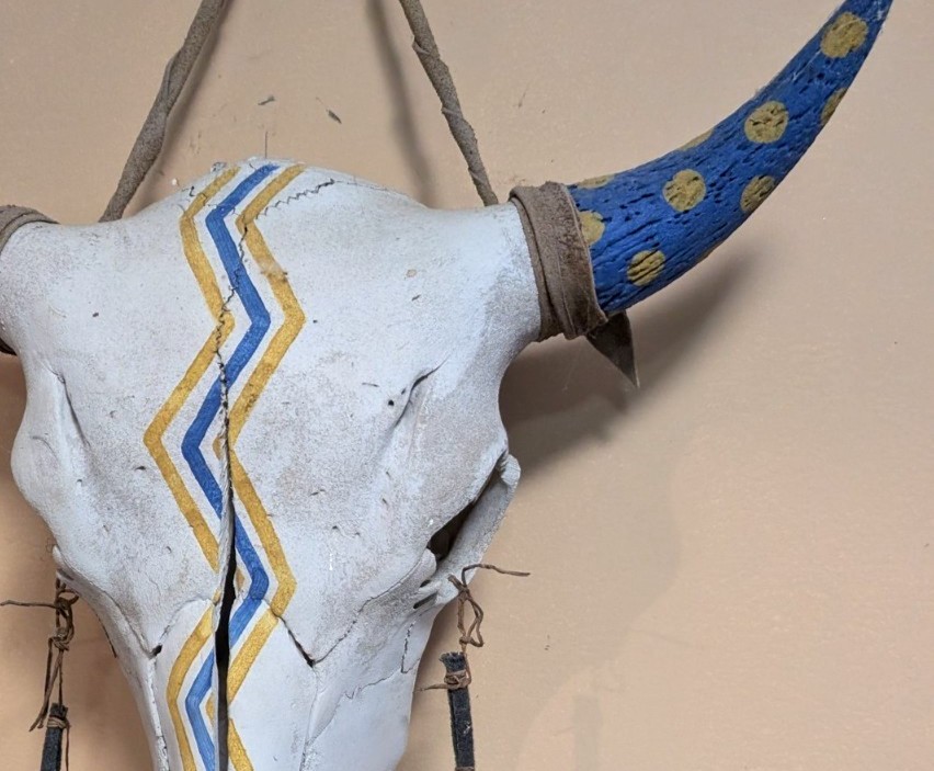 Native Hand Painted Buffalo Skull Blue And Yellow, Thunderbolts, Hung By Hyde