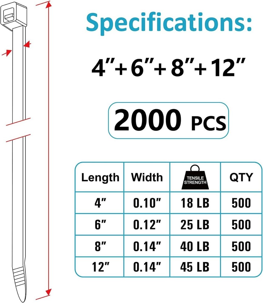 UV Resistant Zip Ties – 2000 Pack in 4”, 6”, 8”, 12” Sizes for Every Use