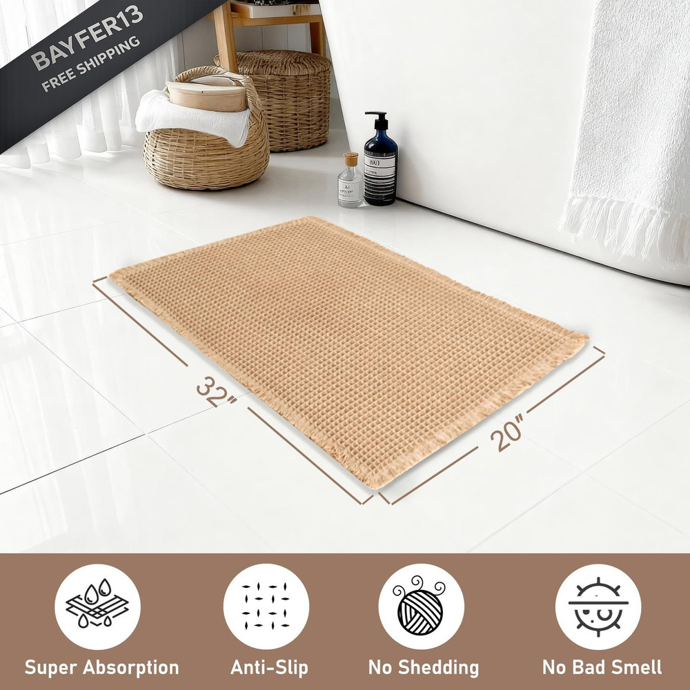 Hiasan Waffle Bath Mat, Super Absorbent Non 1'8" x 2'8" (Rectangular), Brown