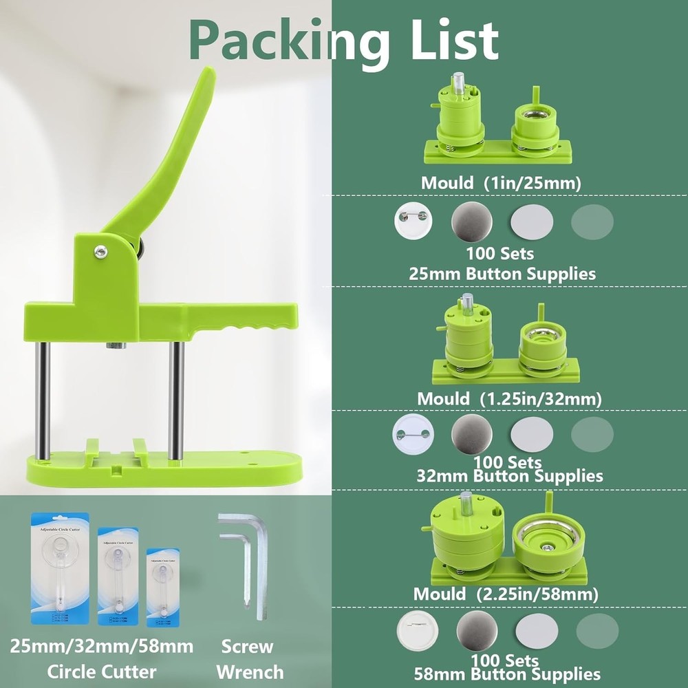Professional Button Maker Machine Green, 3 Interchangeable Badge Sizes