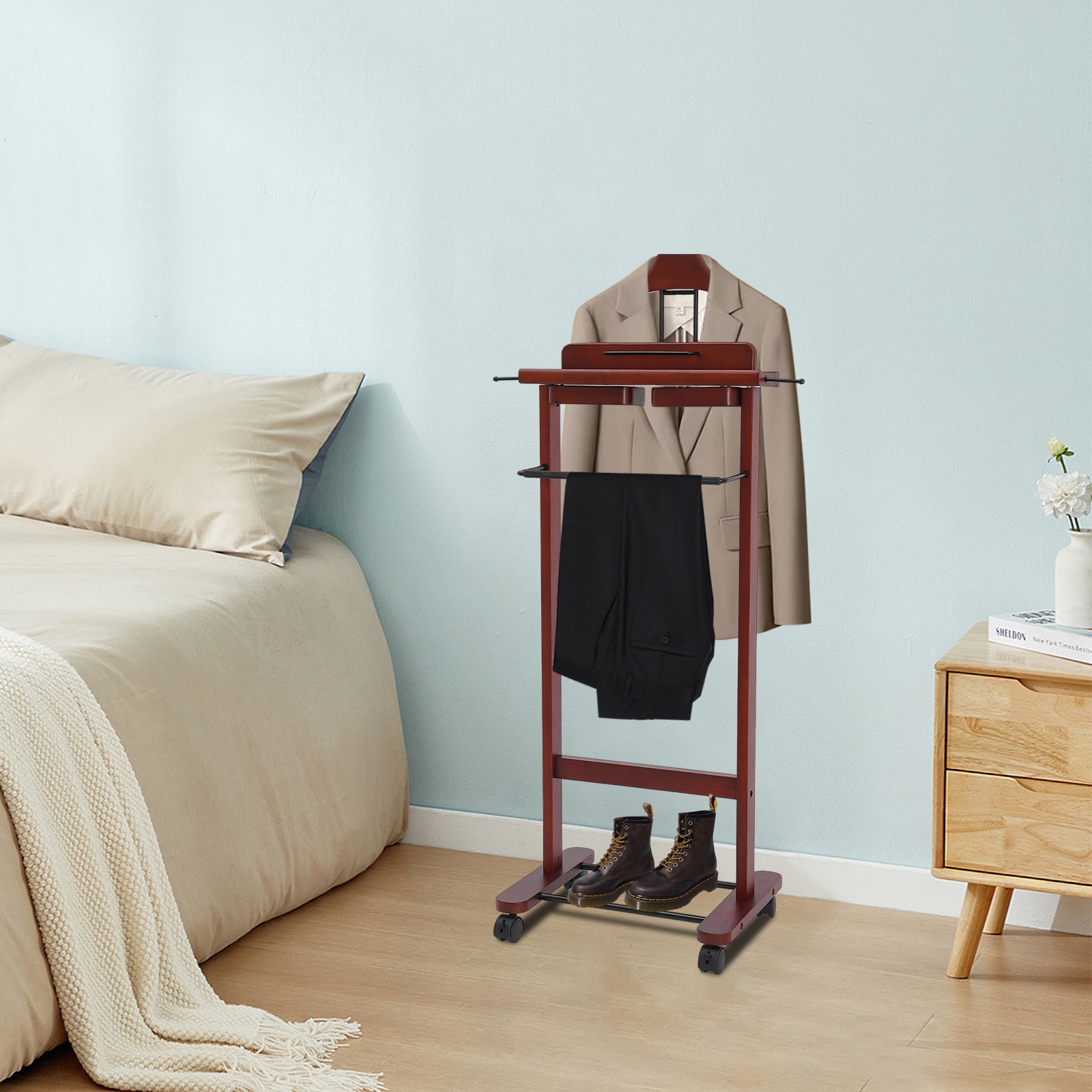 30kg Capacity Wood Suit Rack Freestanding Clothing Stand Suit Stand W/Wheels