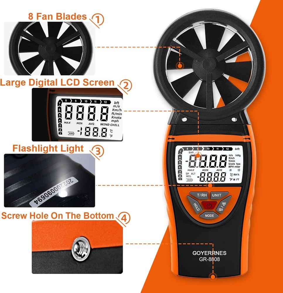 Handheld Anemometer for Wind Speed Temp Humidity, Digital Rechargeable Air Flow