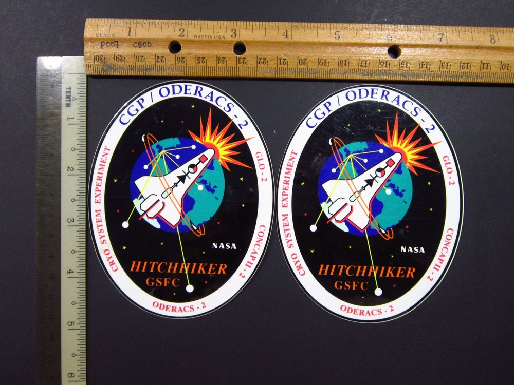 NASA Hitchhiker GSFC (2) Stickers CGP ODERACS-2 GLO2 CONCAII Space Shuttle Vtg