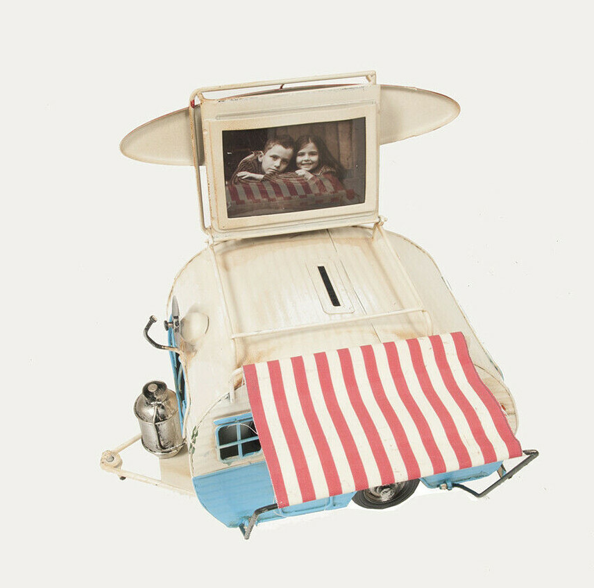 1960s Travel Camping Trailer Metal Model 9" Camper w/ Piggy Bank & Photo Frame