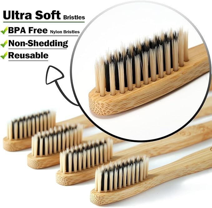 Bamboo Toothbrushes 10 Pack Biodegradable Soft Medium Charcoal Bristles