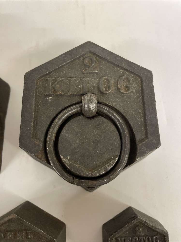 Antique KILOGRAM IRON RING WEIGHTS 6 Hexagonal For Scale