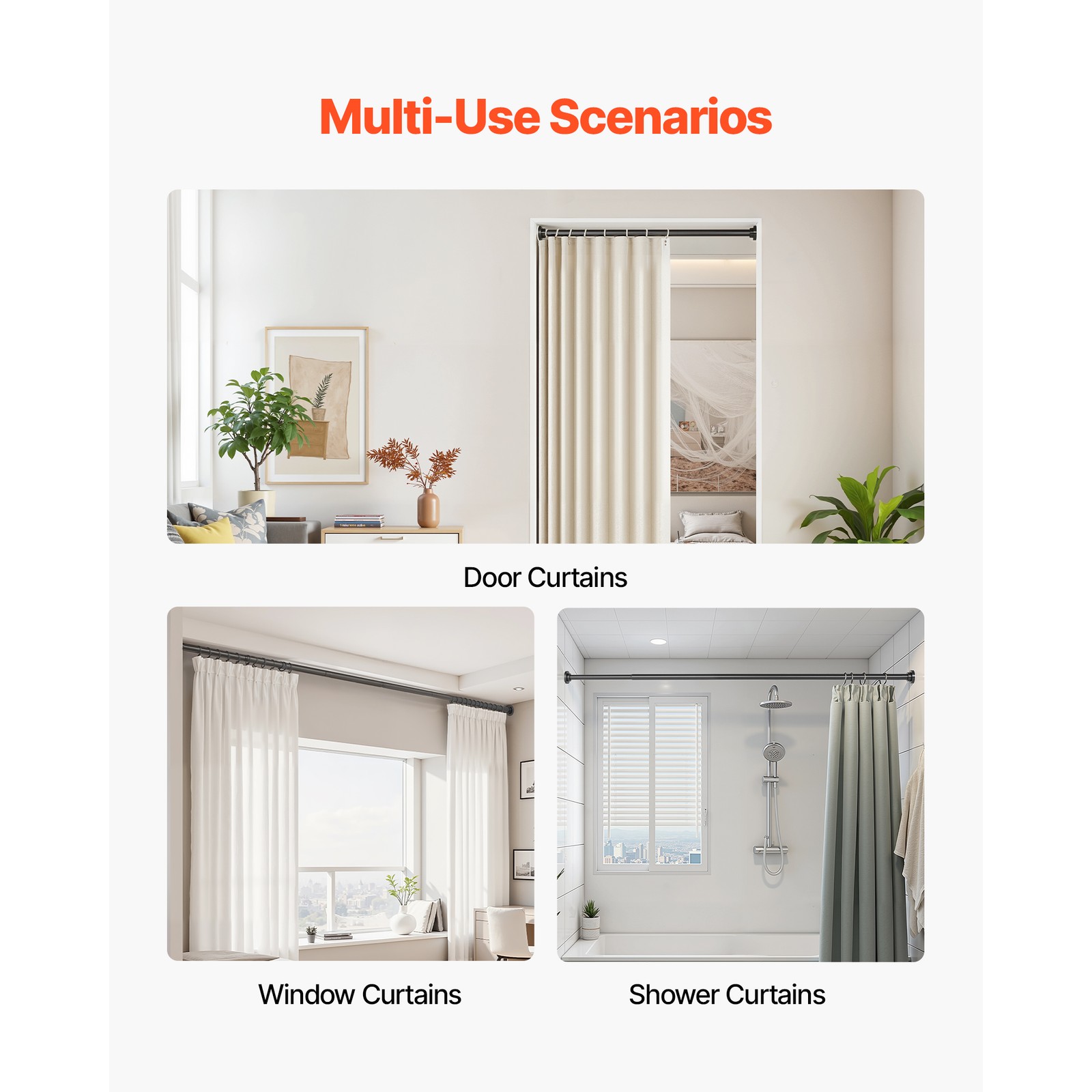 Uimoso Adjustable Tension Shower Rod 28-76 in Stainless Steel, Black Finish