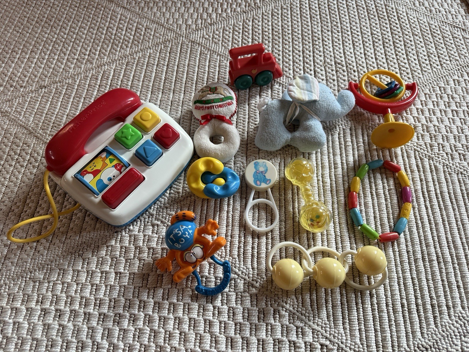 Vintage Fisher Price Buttons & Bells Toddler Telephone Eden Plush Rattle Baby