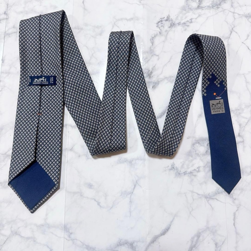 HERMES Square Pattern Tie Navy Gray with Box