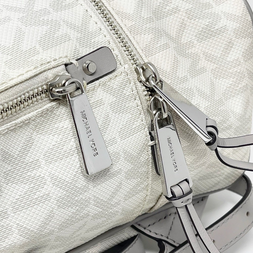Michael Kors Rhea Medium Signature Logo Backpack Off-White Gray Silver Hardware