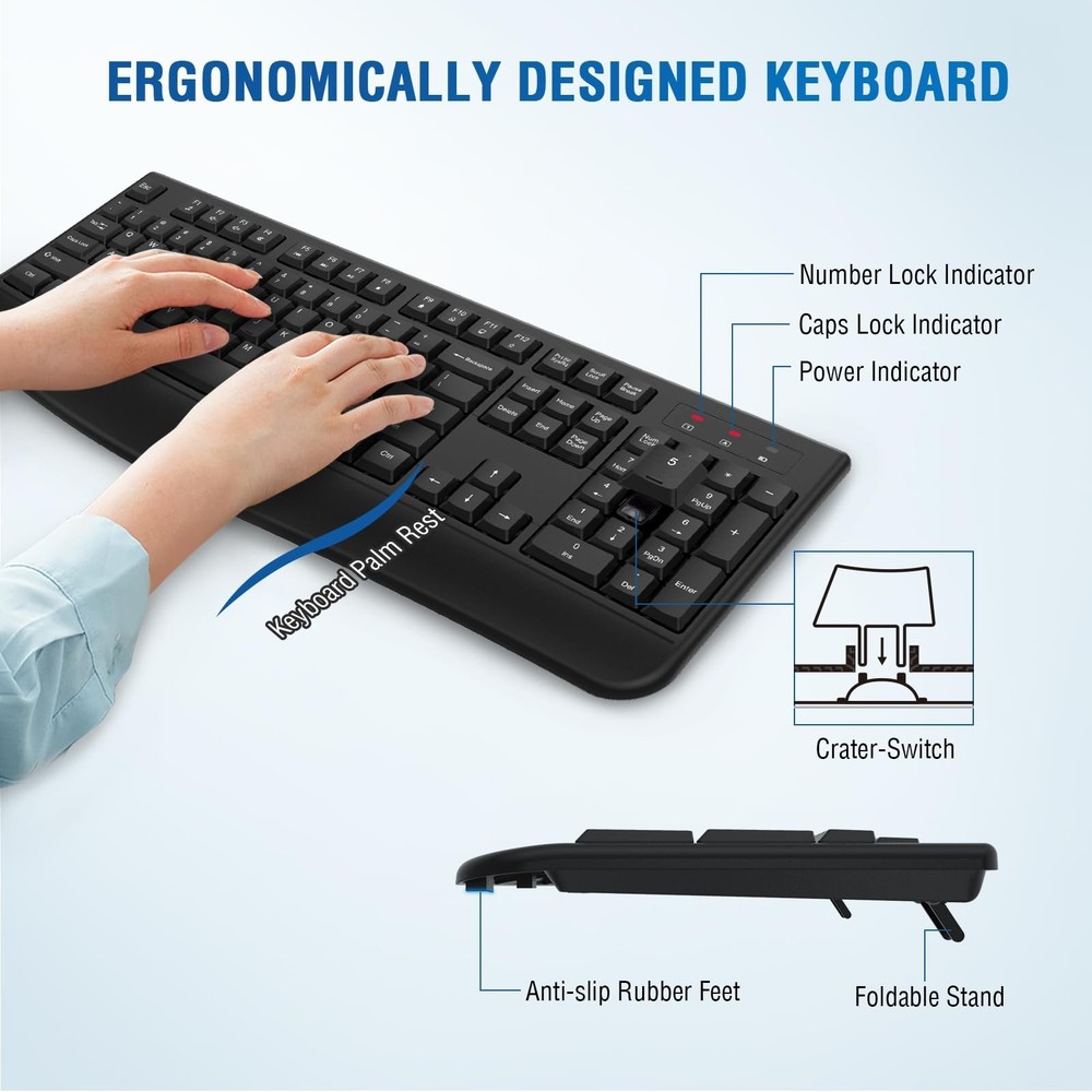 Wireless Keyboard and Mouse Combo, Full-Sized 2.4GHz Wireless Keyboard with C...
