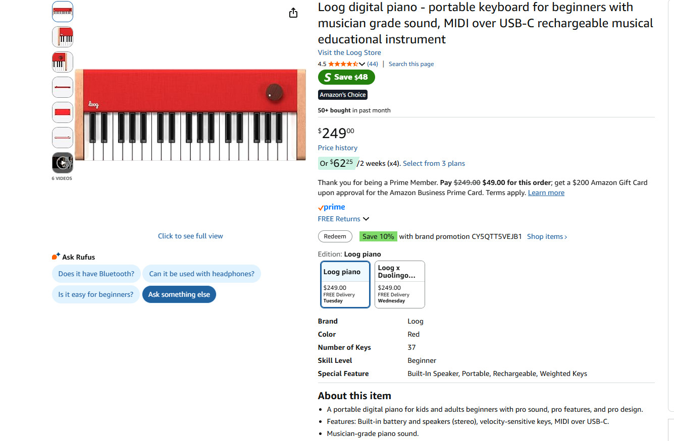 Loog digital piano - portable keyboard for beginners#1356XR6