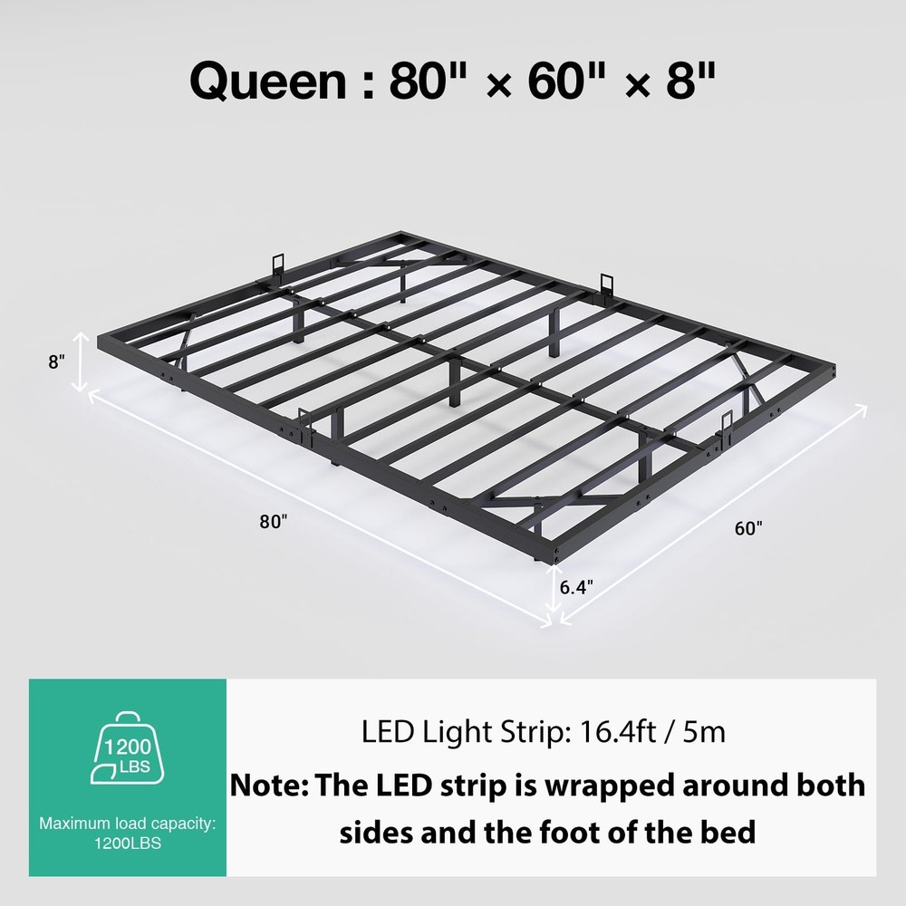 Floating Bed Frame with LED Lights, Modern Platform Queen Bed Frame with Matt...