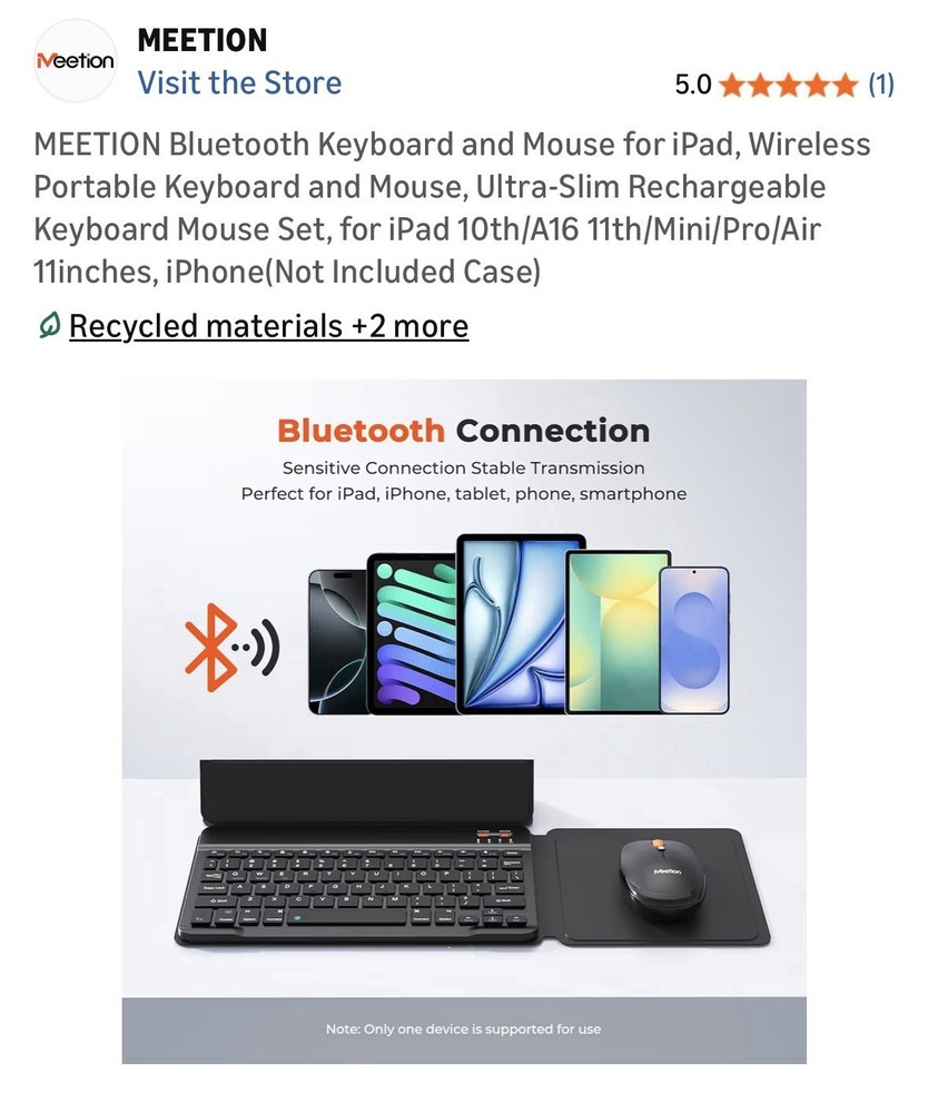 MEETION Bluetooth Wireless Keyboard Mouse Bundle Rechargeable for iPad iPhone
