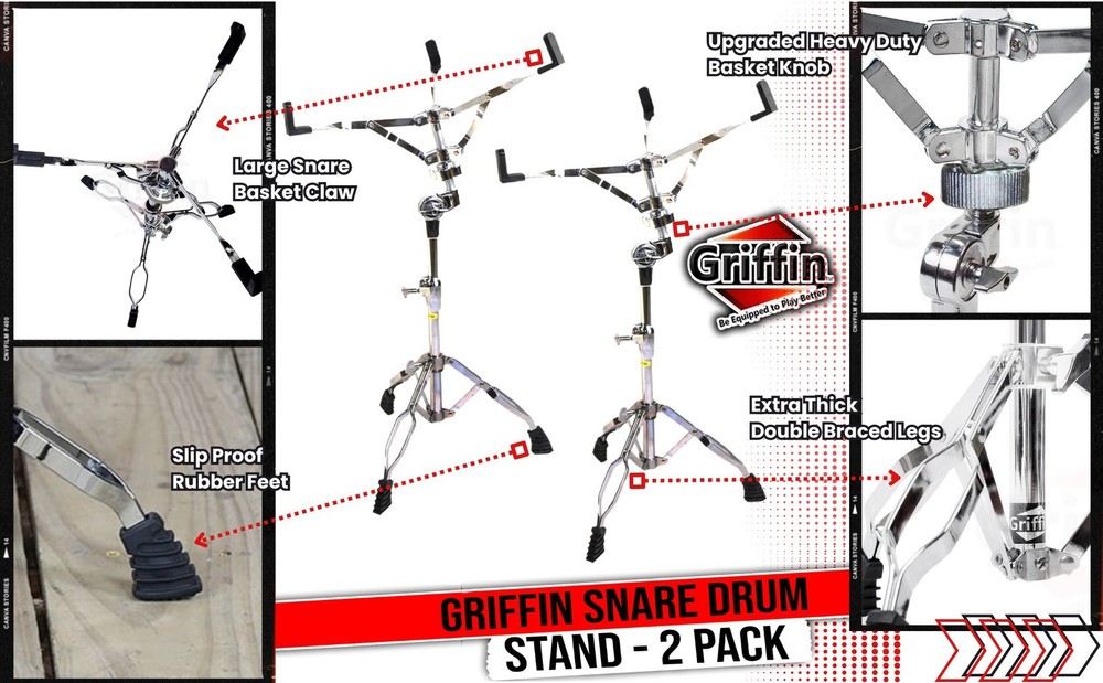 2-PACK Snare Stands | Holder for Tom Drums & Practice Pad Chrome Mount Hardware