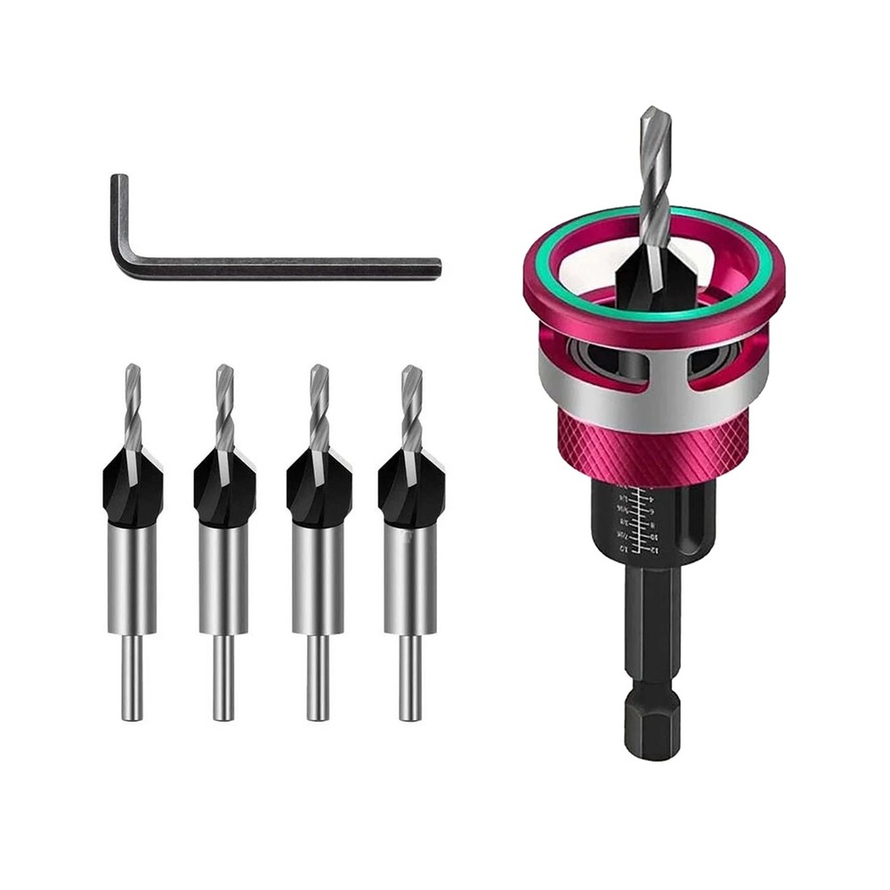 6PCS Adjustable Depth Stop Drill Bit Set for Countersinking Wood Screws Holes