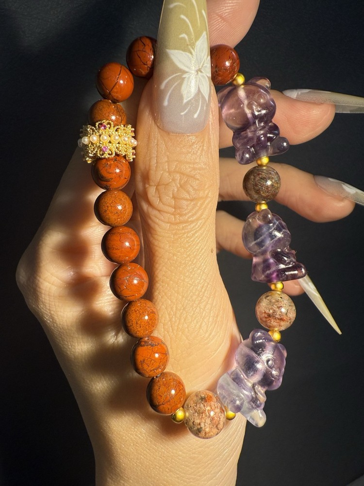 Unique Natural Fluorite , Red Jasper, phantom Crystal Bracelet/ Bear