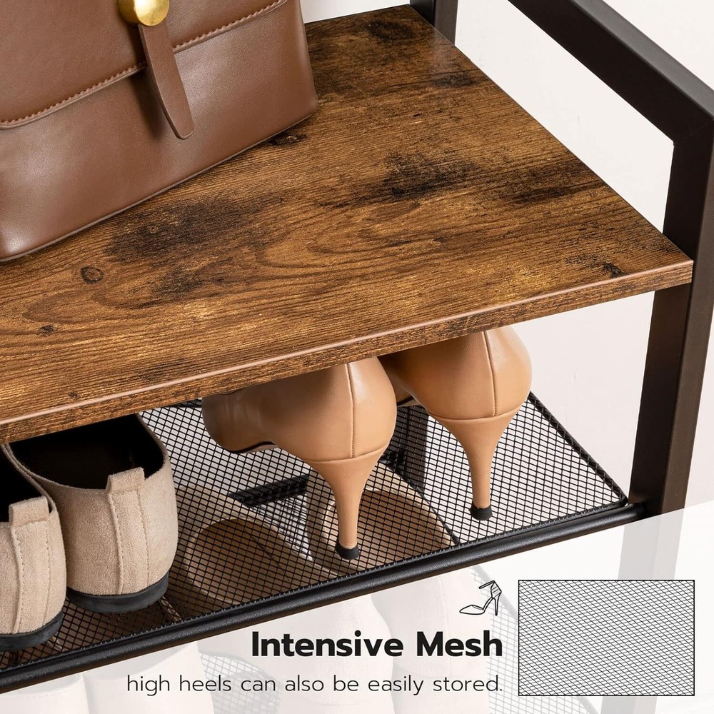 HOOBRO Hall Tree with Bench, Coat Rack Shoe Storage, Rustic Brown, Black