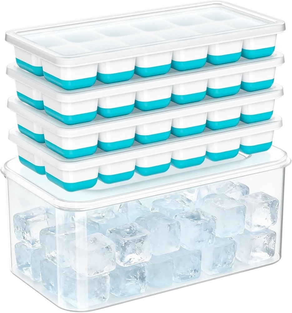 NFK Ice Cube Tray with Lid & Bin - 4 Pack Stackable Silicone Trays for Freezer w