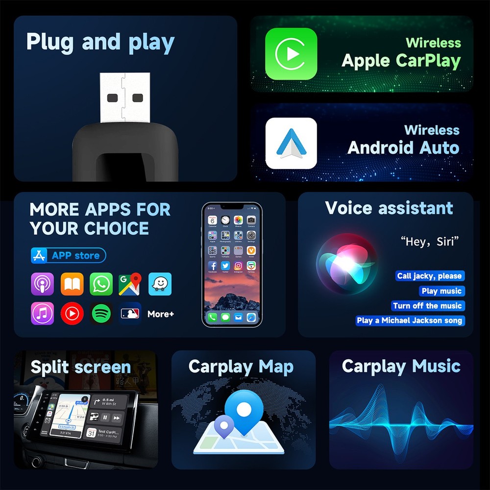 Wireless CarPlay Adapter Plug & Play For iPhone Apple Android Carplay Dongle USB
