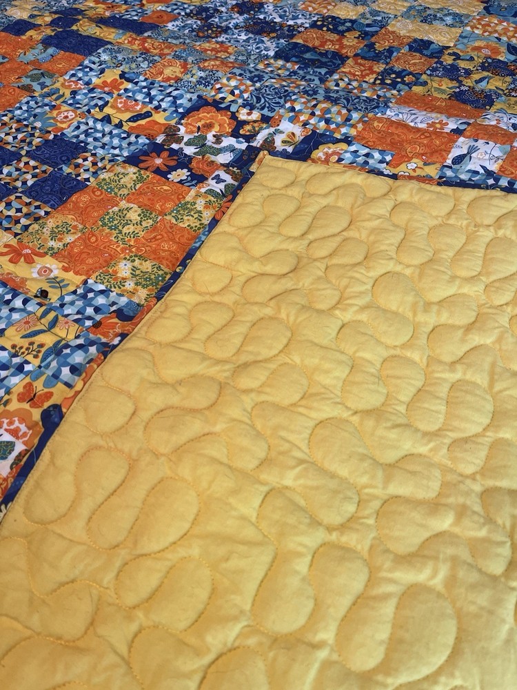 Handmade Quilt Patchwork Cotton Twin Blue & Orange Vibrant Bedspread