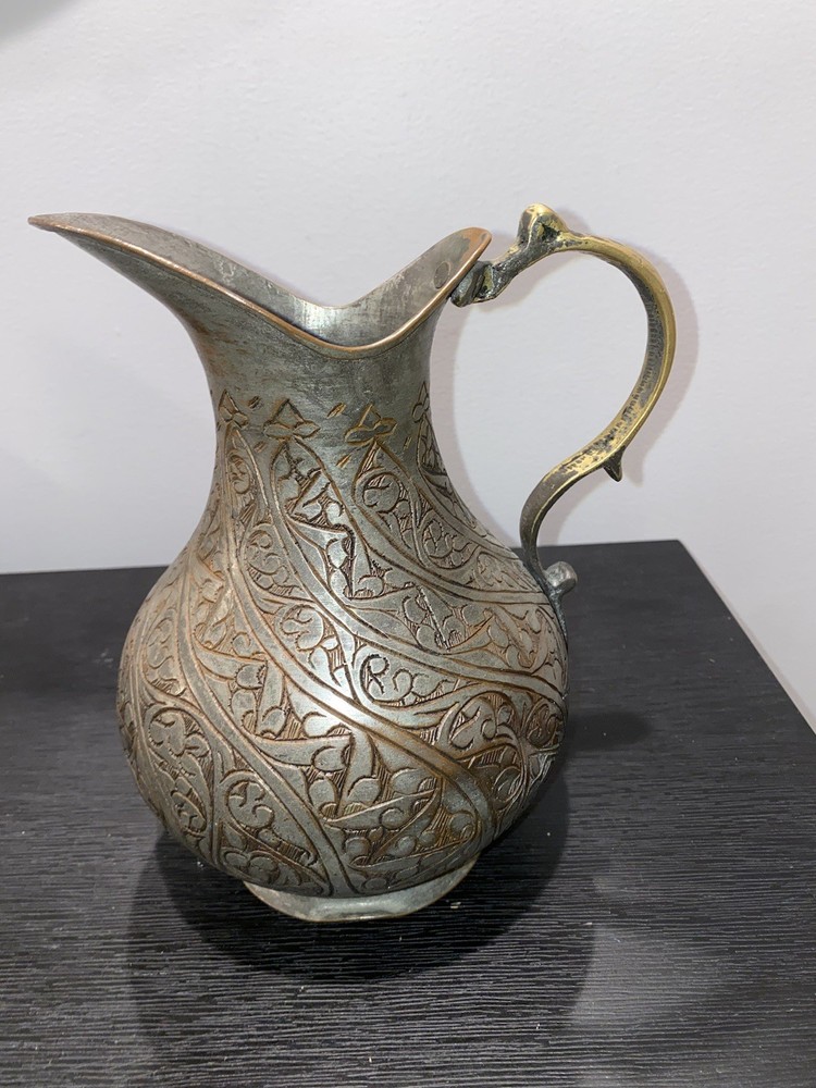 Antique Hand Crafted Etched Copper Tone Middle Eastern Pitcher