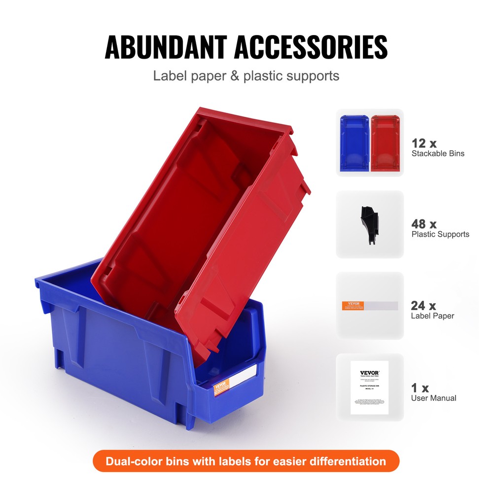 VEVOR Hanging Stackable Storage Bin Plastic Organizer Garage Box 12 PCS Blue/Red