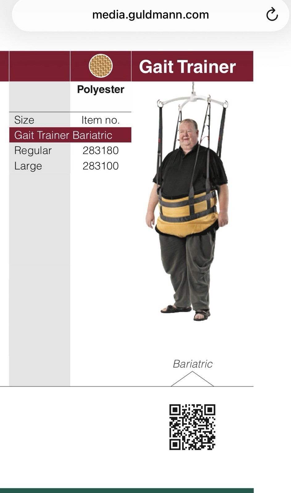 Guldmann Gait Trainer, Bariatric Sling Sz LG Supports up to 1,100 lbs.