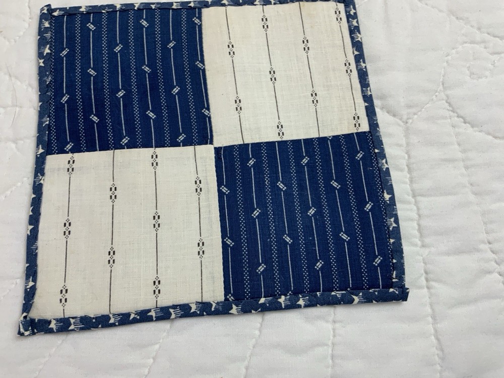 Antique Patchwork Quilt Table Topper, Square, Four Patch, Early Calicos, Blue