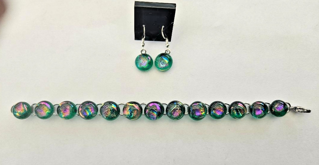 Handcrafted Fused Green Multi Dichroic Glass Cabochon Bracelet/ Bonus Earrings