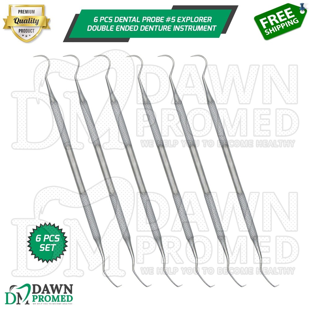 6 Pcs Dental Probe #5 Explorer Double Ended Denture Instruments German Grade