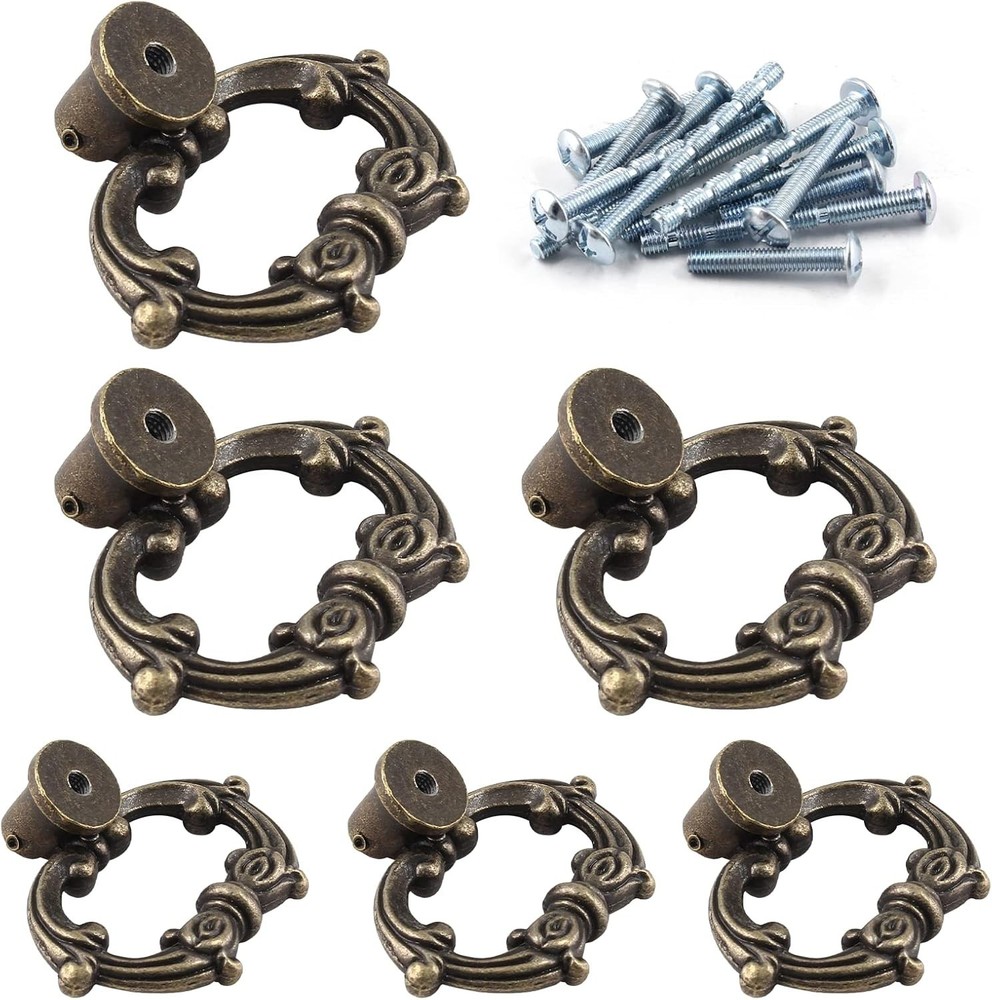 6 Pcs Antique Bronze Drop Ring Drawer Pulls, Vintage Cabinet Pull Handles, Small