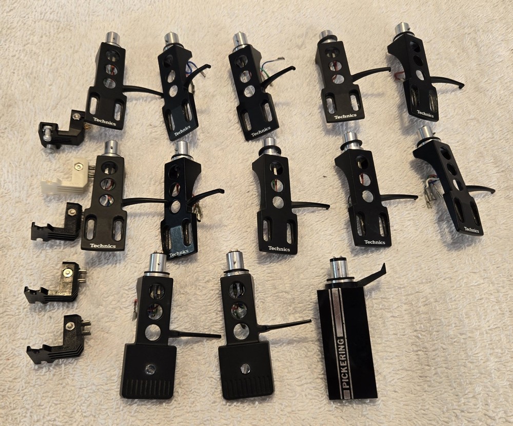 13 Turntable Headshells. 12 OEM Technics, One Pickering. Five P-Mount Adapters