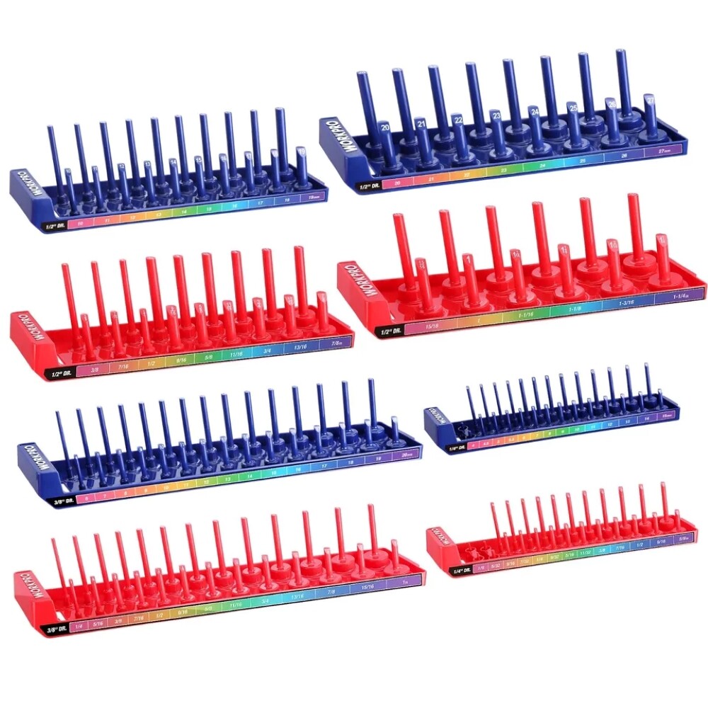 WORKPRO 4PC/8PC SAE/Metric Socket Organizer Set Socket Holder Tray 1/4" 3/8" 1/2