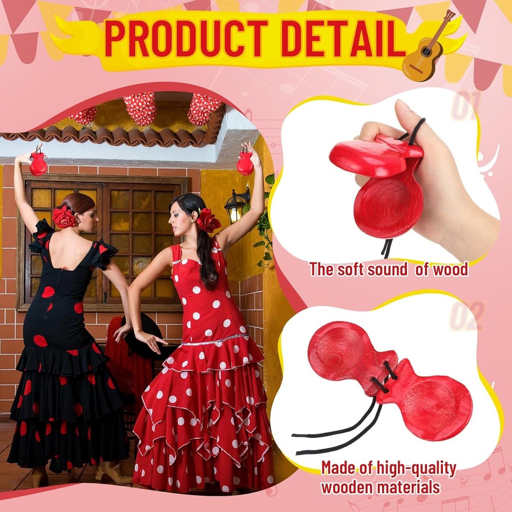 Flamenco Castanets Wood Red 2 Pack with String