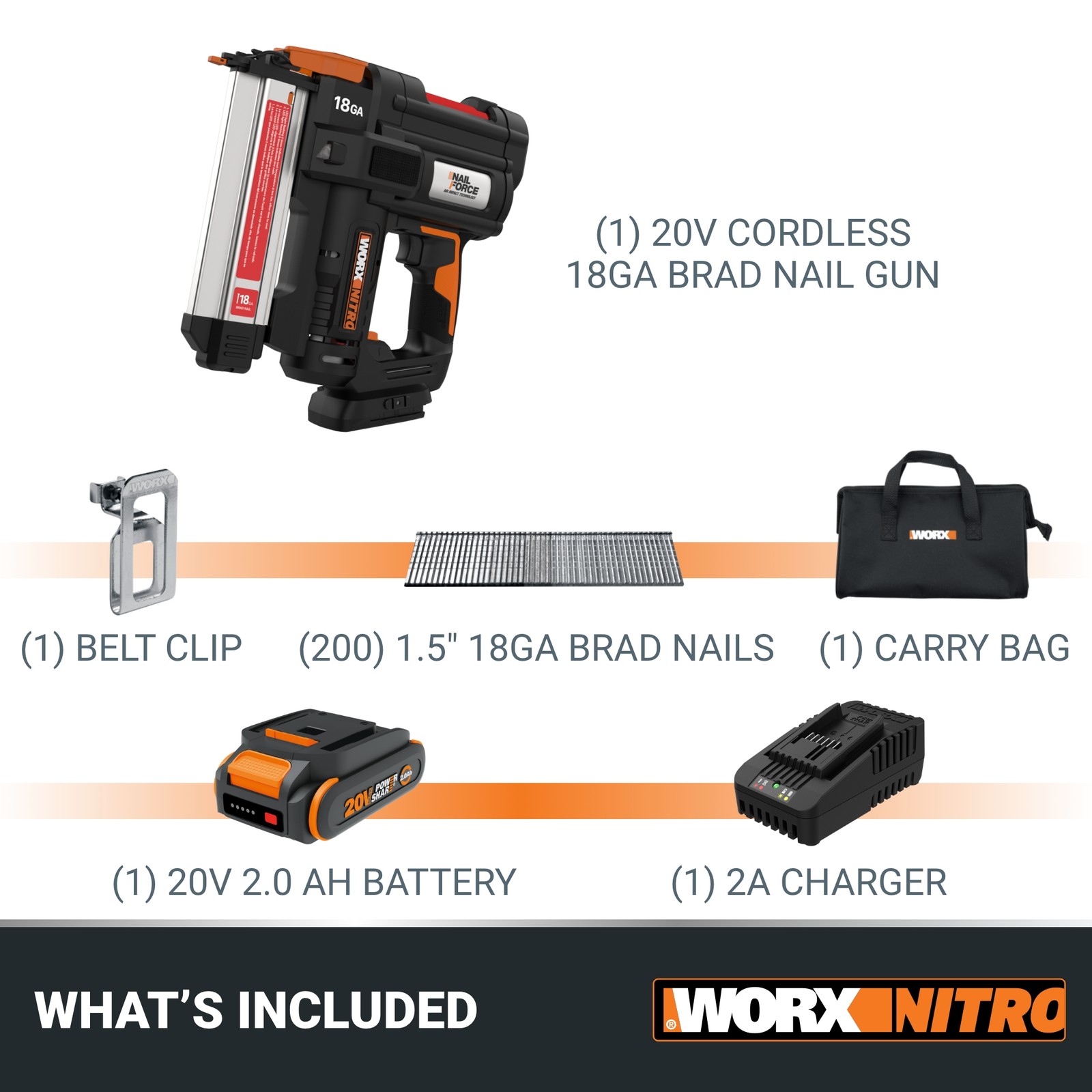 Worx 20V Cordless 18GA Brad Nail Gun-OB (WX842L-AN)