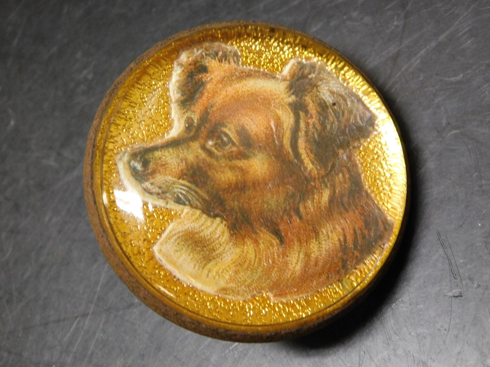 Vintage DOG BRIDLE ROSETTE Gold Foil Glass Terrier Pup 1.75" dia